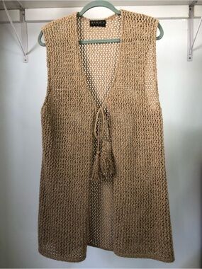 70s Coastal Boho Linda Lundstrom Canada Knit Knee Length Vest with Tassels